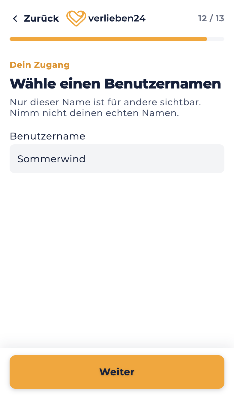 Anmeldung bei verlieben24 auf dem Handy: Schritt zur Wahl des Benutzernamens